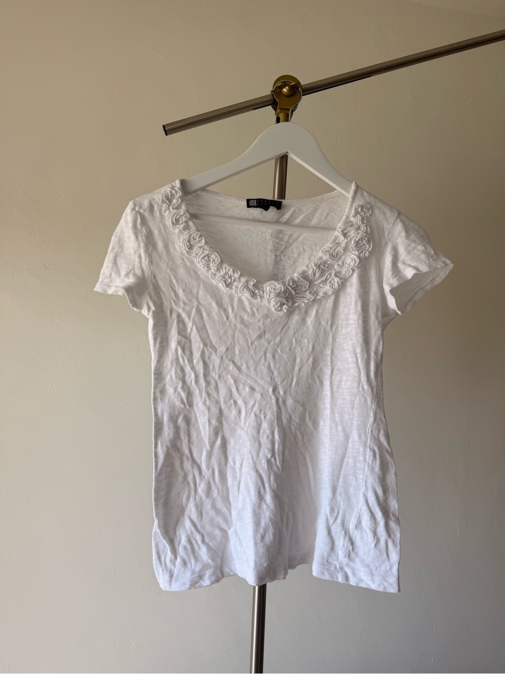 Carole Little White Short-Sleeve Tee with Rosette Scoop Neck